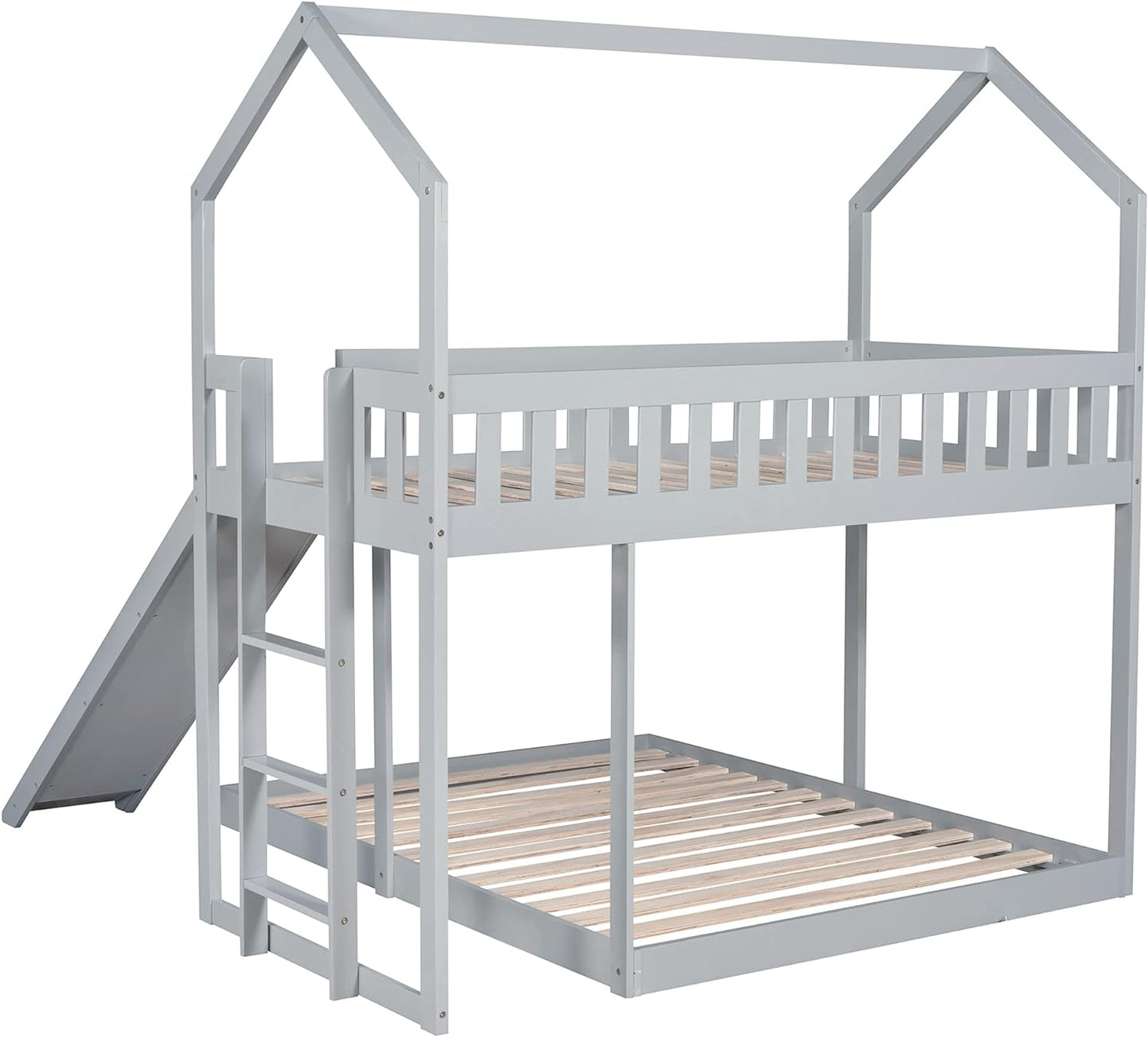 GLORHOME Loft Twin House Bunk Bed， Detachable to Floor Bedframe and A Loftbed, with Slide, Built-in Ladder,Full-Length Guardrail for Kids Adults,Roof can be Decorated, Gray