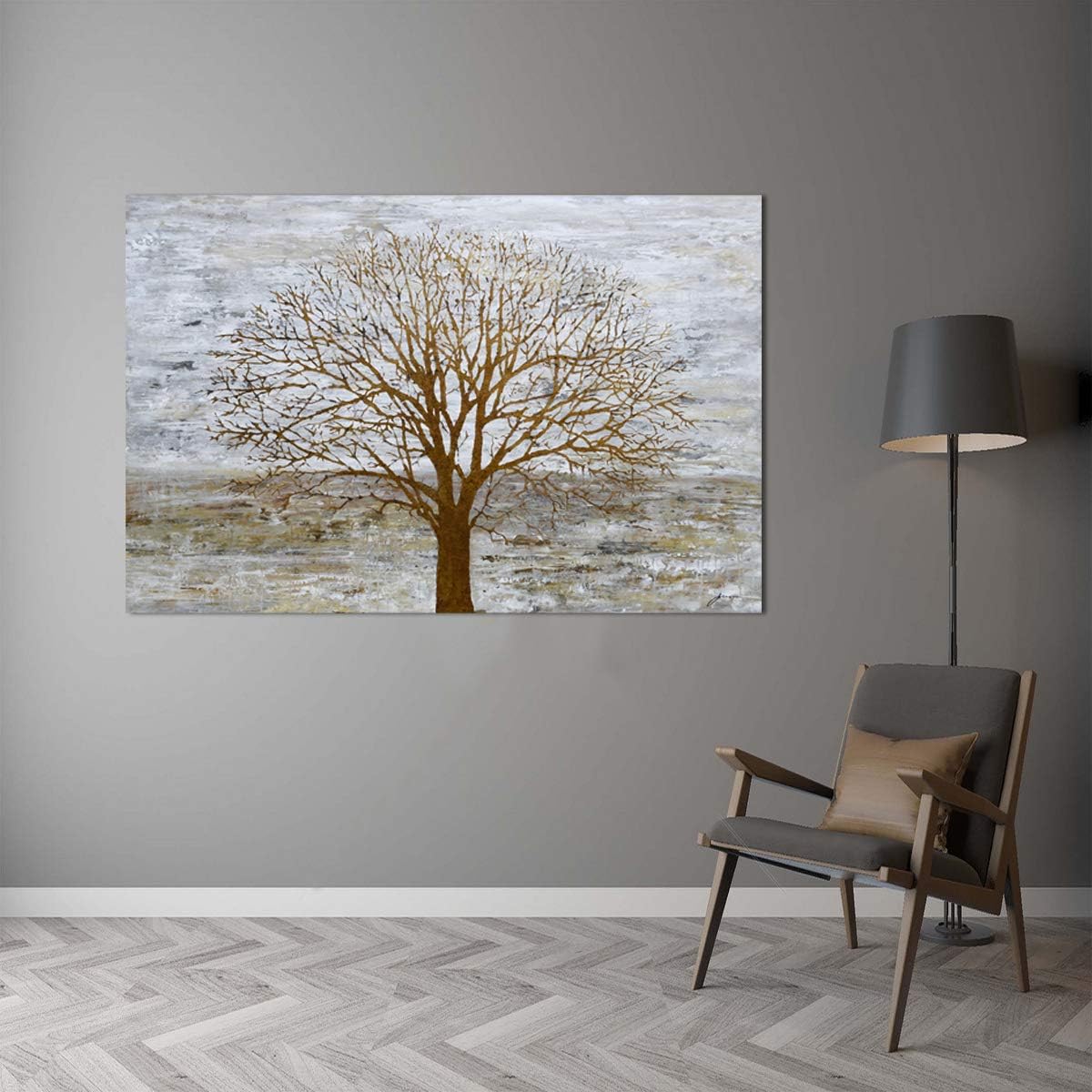 Yihui Arts Abstract Landscape Canvas Art Hand Painted 3D Tree Paintings with Gold Foil for Wall Decor Modern Artwork Pictures Living Room Bedroom Decoration