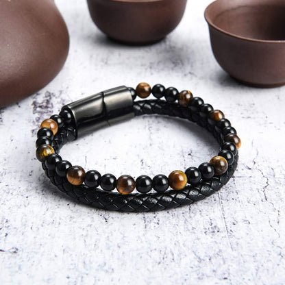 Tomovely 4Pcs Mens Leather Bracelets Black Bracelet Leather for Men Women Steel Magnetic Clasp Braided Cuff Bracelets