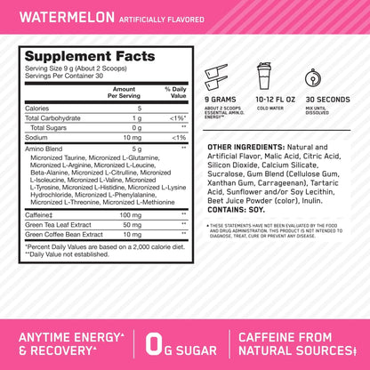 Optimum Nutrition (ON) Amino Energy - Pre Workout With Green Tea, Bcaa, Amino Acids, Keto Friendly, Green Coffee Extract, 0 Grams of Sugar, Anytime Energy Powder - Watermelon, 270 G, 30 Servings