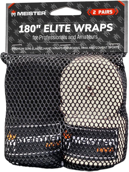 Meister ELITE 180" Premium Adult Hand Wraps for MMA & Boxing - 2 Pair Pack w/Mesh Bag