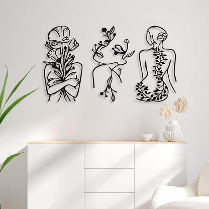 3 Pcs Metal Wall Art Decor Minimalist Abstract Woman Wall Art metal Modern Line Drawing Wall Art Decor Female Single Line Wall Home Hanging for Bedroom Kitchen Bathroom Living Room(Black, Modern)