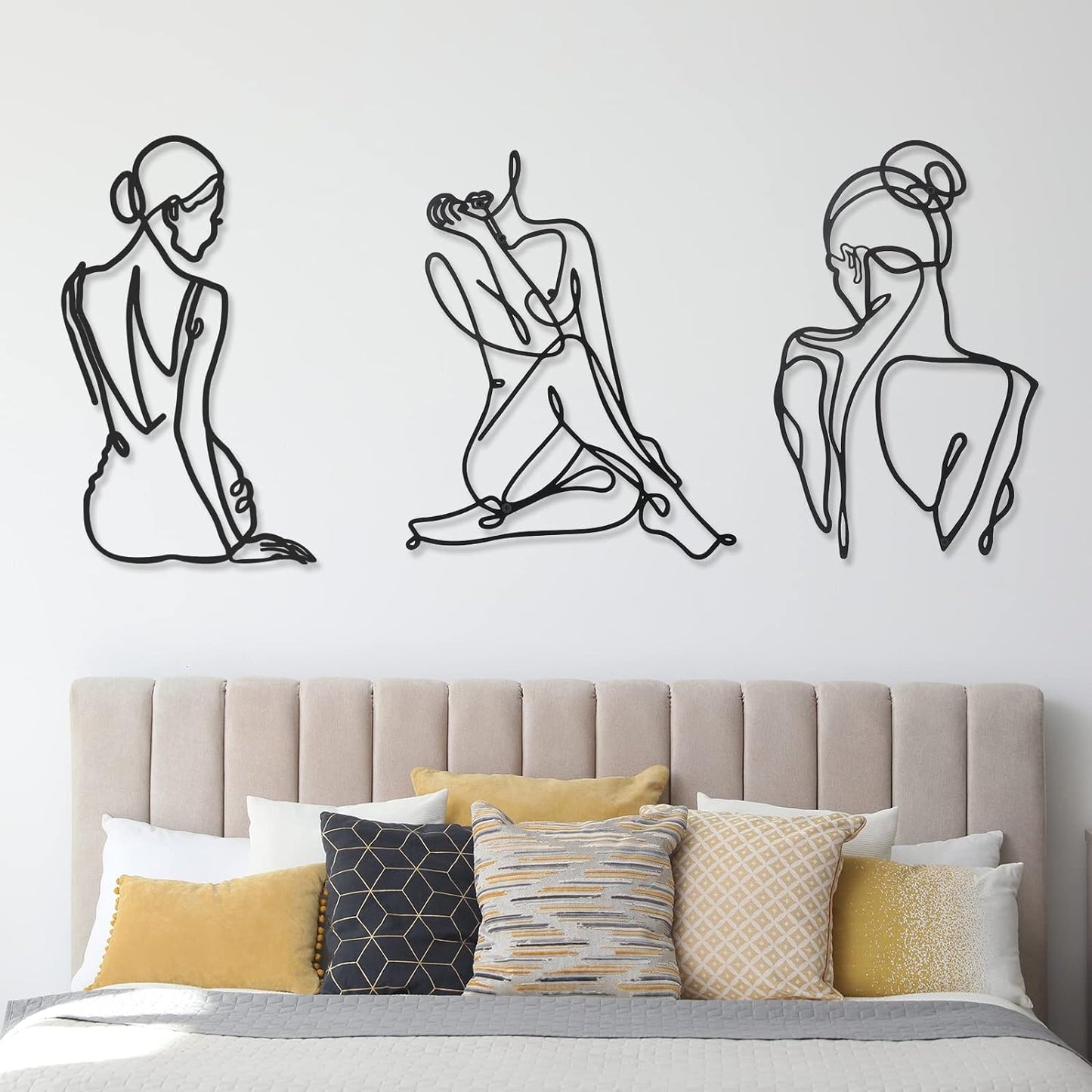 3 Pcs Metal Wall Art Decor Minimalist Abstract Woman Wall Art metal Modern Line Drawing Wall Art Decor Female Single Line Wall Home Hanging for Bedroom Kitchen Bathroom Living Room(Black, Modern)