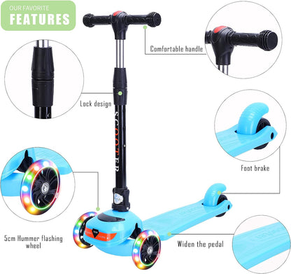 Beauenty 3 Wheel Kids Scooter, Flashing Wheels Scooter for Kids, 4 Height Adjustable Kids Toys for Age 3-13 Years Old Boys Girls, Easy Folding for Carrying Outdoor