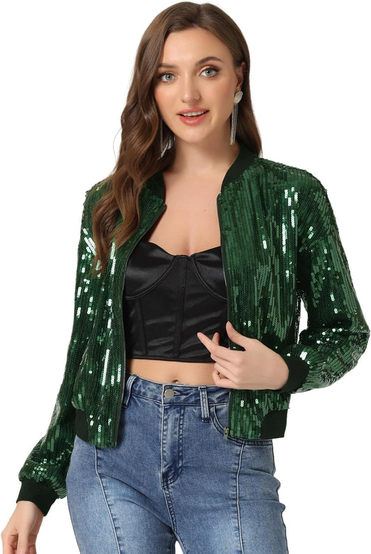 Allegra K Women's Halloween Sequin Sparkle Long Sleeve Zipper Bomber Jacket