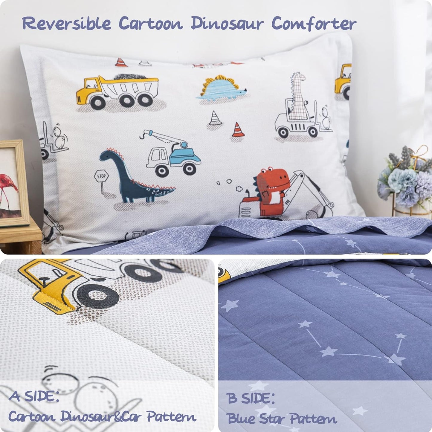 Cars Toddler Bedding Set 4 Pieces Blue Cotton Comforter Set Kids Crib Bed Set Include Flat Sheet Fitted Sheet and Pillowcase for Boys and Girls