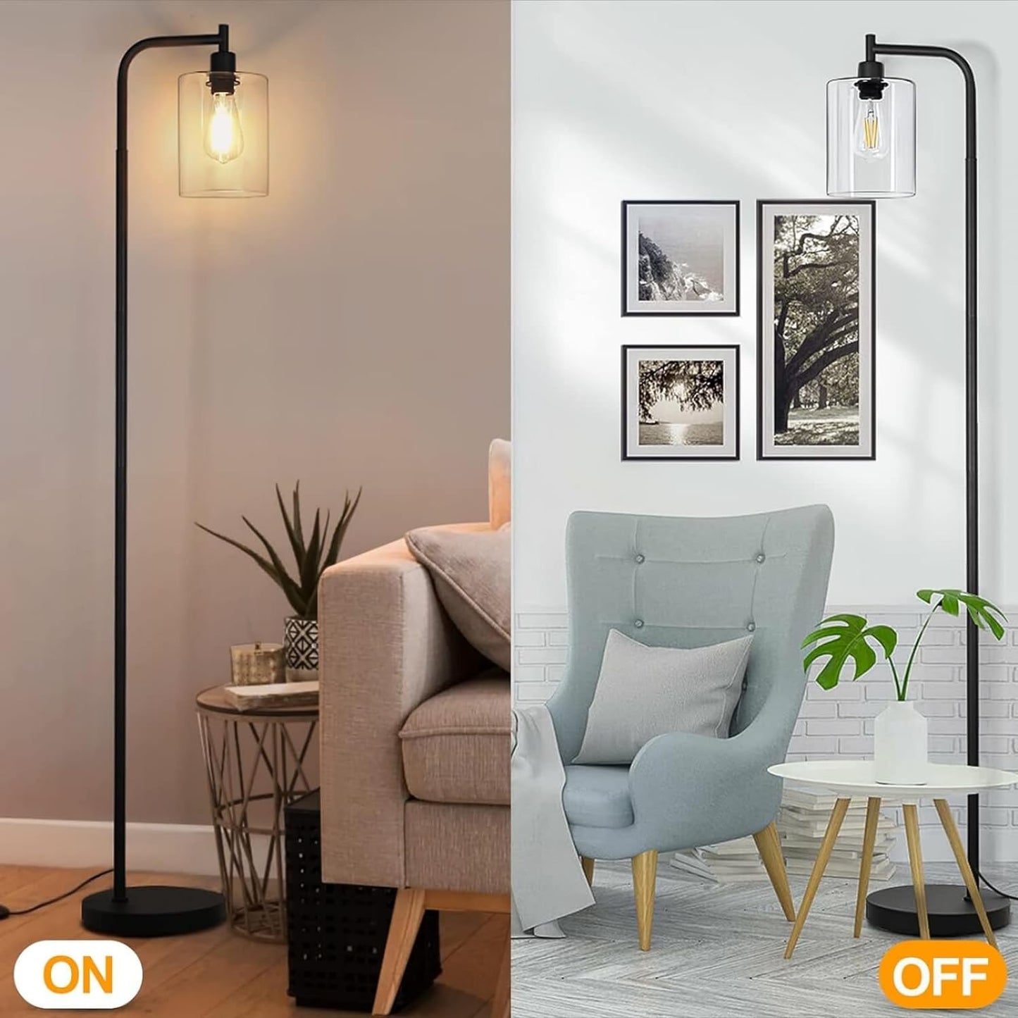 Industrial Floor Lamp, Modern LED Standing Lamps with Hanging Clear Glass Shade, Classic Reading Tall Pole Floor Lamps for Living Room Bedroom Office Study Room Reading