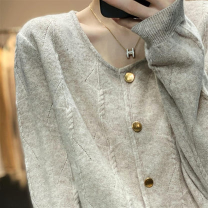 YILILK Women's Cardigans Spring And Autumn Pure Wool Cardigan Women's Round Neck Single Breasted Long Sleeve Sweater Jacket Solid Color