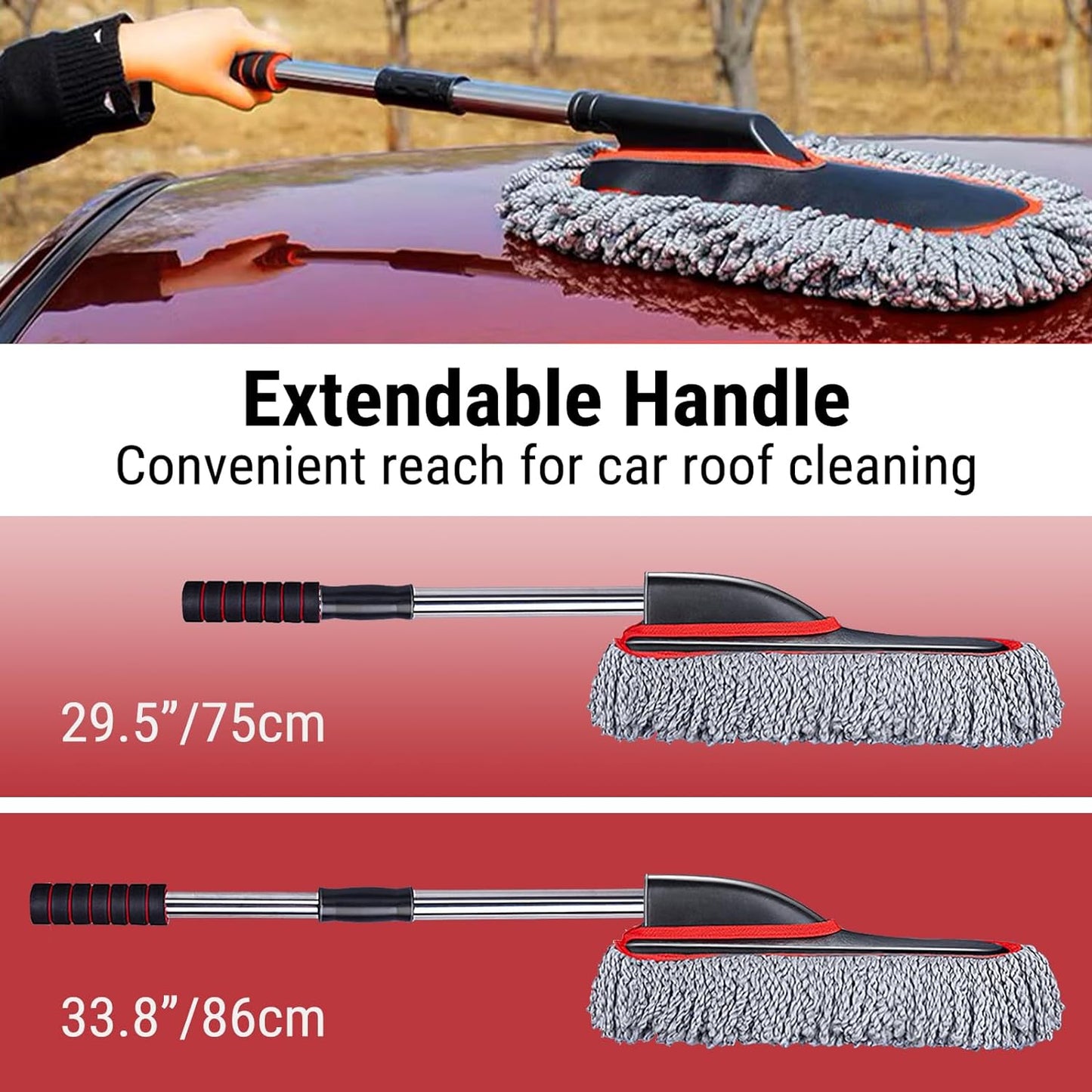 YeewayVeh Car Duster, Extendable Long Handle Car Duster Exterior Scratch Free Car Cleaning Tool, Soft Microfiber Car Dust Brush for Truck, SUV, Vehicles and Home Cleaning, Red&Gray