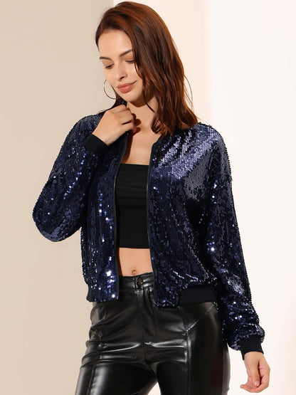 Allegra K Women's Halloween Sequin Sparkle Long Sleeve Zipper Bomber Jacket