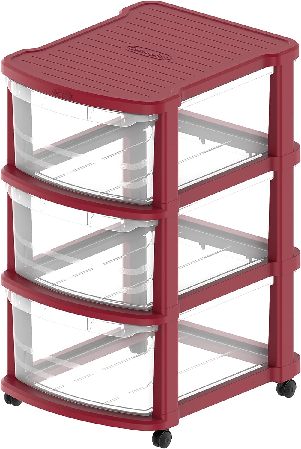 Cosmoplast 3 Tiers Multipurpose Storage Cabinet With Wheels, Dark Red With Translucent Drawers