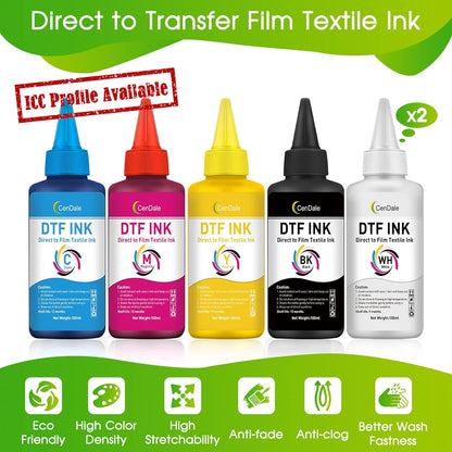 CenDale Premium DTF Ink 600ML- DTF Transfer Ink for PET Film, Refill for DTF Printers Epson ET-8550, XP-15000, L1800, L805, R1390, R2400, Heat Transfer Printing Direct to Film (100ml x 6, CMYK Wh)