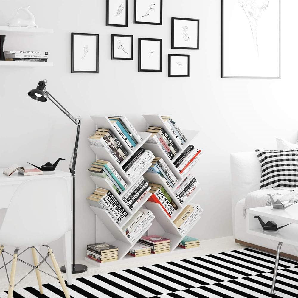 U-HOOME 8-Shelf Bookshelf Tree Bookcase Wood Bookshelves Storage Rack MDF Tree Book Shelf Display Organizer for Books,Magazines,CDs and Photo Album Holds Up to 5kgs Per Shelf ，White