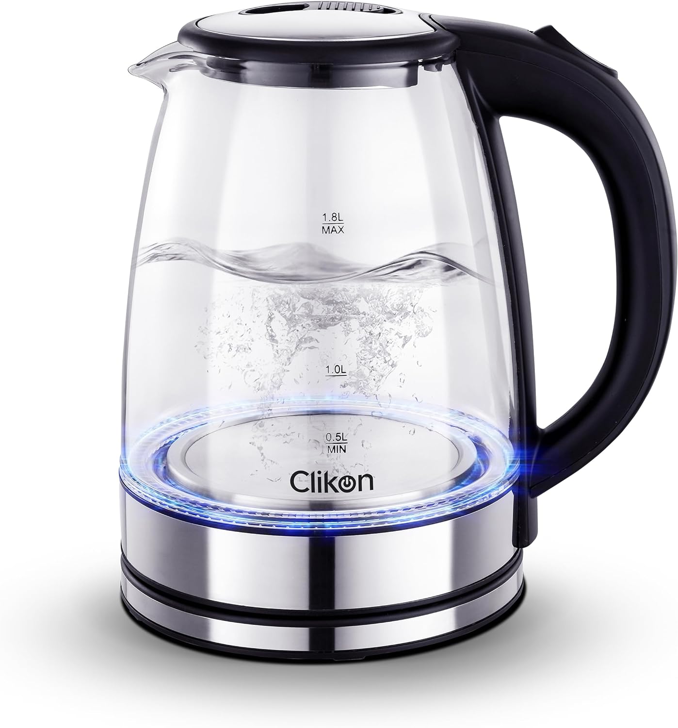 Clikon – 1.8 Liter Glass Body Electric Cordless Kettle with 360° Swivel Base, Power Cord Storage, Auto Cut-off Function, LED Indicator, 1500 Watts, 2 Years Warranty, Clear - CK5138