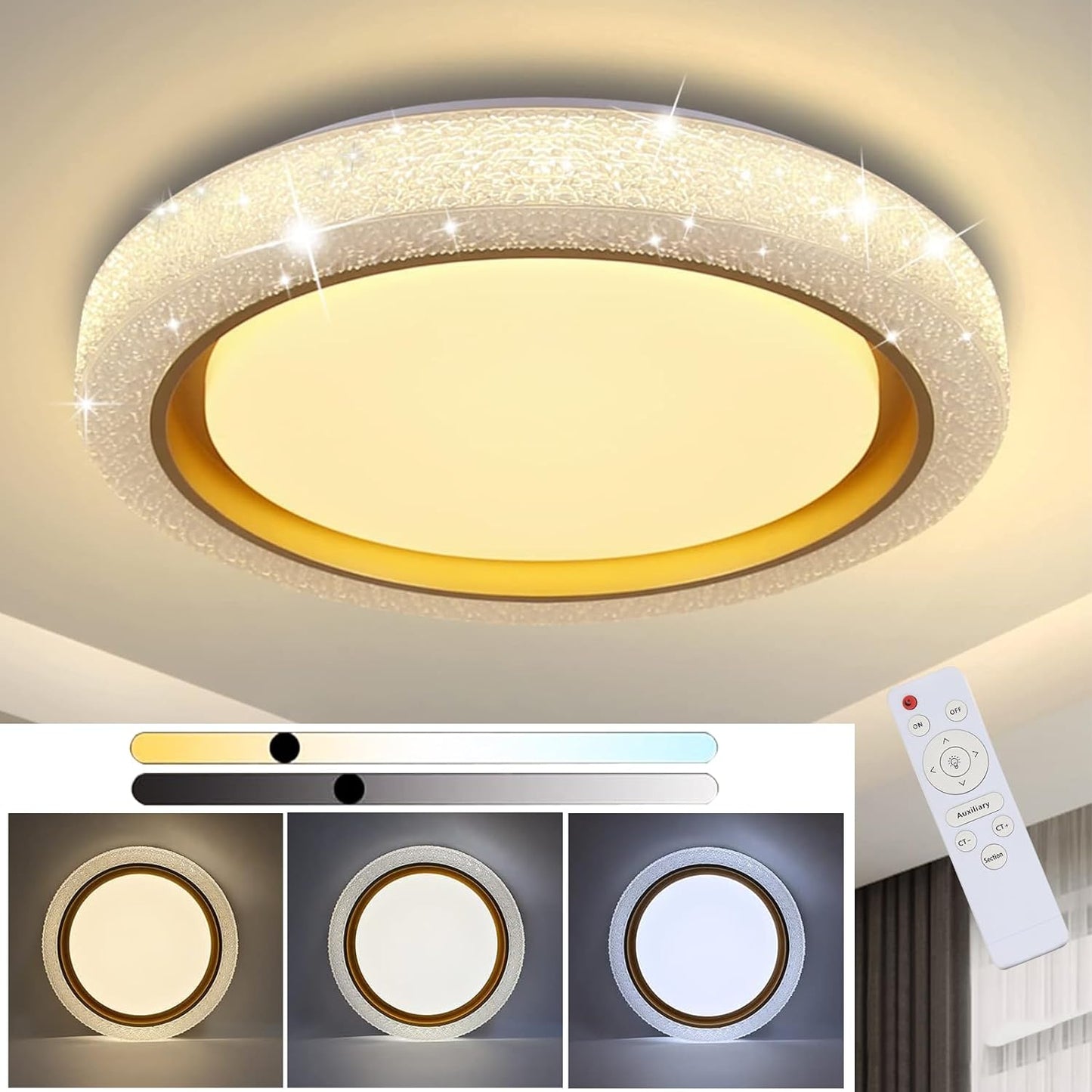 LED Ceiling Light with Remote,48W 19.7'' Warm Neutral White Colors Dimmable Crystal Gold Flush Mount Lighting Fixture for Living Room Bedroom Dining Room