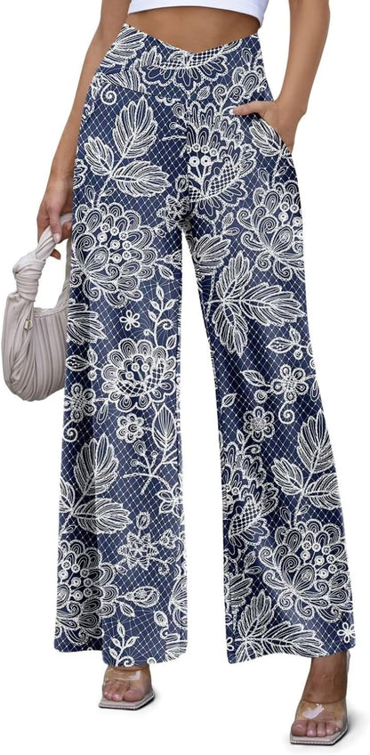 JZC Women's Wide Leg Casual Pants Cross Waist Palazzo Lounge Pajama Flowy Pants Yoga Sweatpants with Pockets