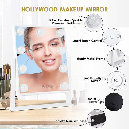 BWLLNI Lighted Makeup Mirror Hollywood Mirror Vanity Mirror with Lights, Touch Control Design 3 Colors Dimable LED Bulbs, Detachable 10X Magnification, 360°Rotation, White.