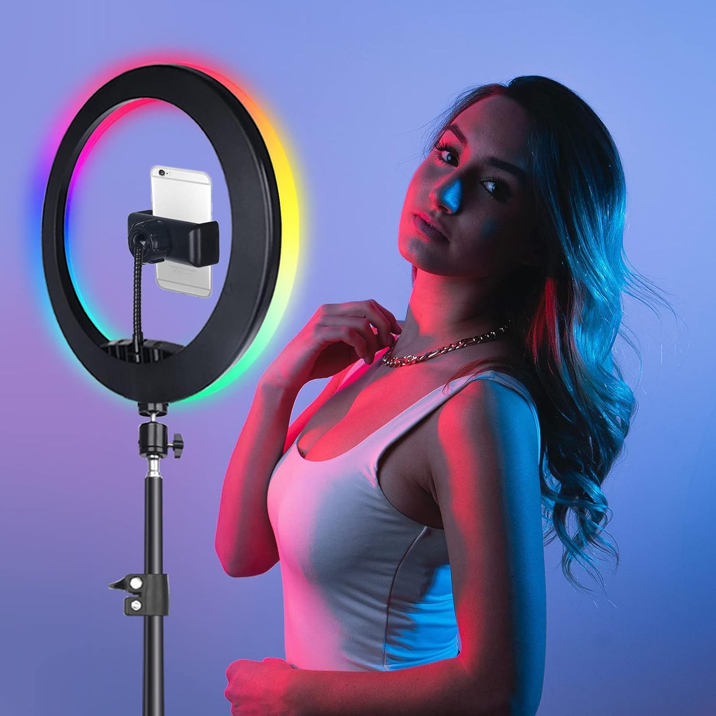 13" Selfie Ring Light with 63" Tripod Stand & 3 Phone Holder, LED Camera Ringlight with 48 RGB Colors Modes & Musical Rhythm Mode and 12 Brightness Dimmable for Makeup/Photography/Videos/Vlog/TikTok