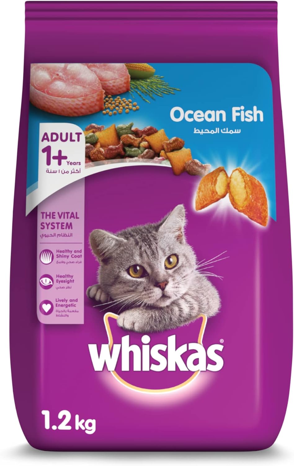 Whiskas Ocean Fish Dry Food, for Adult Cats 1+ Years, Formulated to Help Cats Maintain a Healthy Digestive Tract and Sustain a Healthy Weight, Complete Nutrition & Great Taste, Case of 15x480g