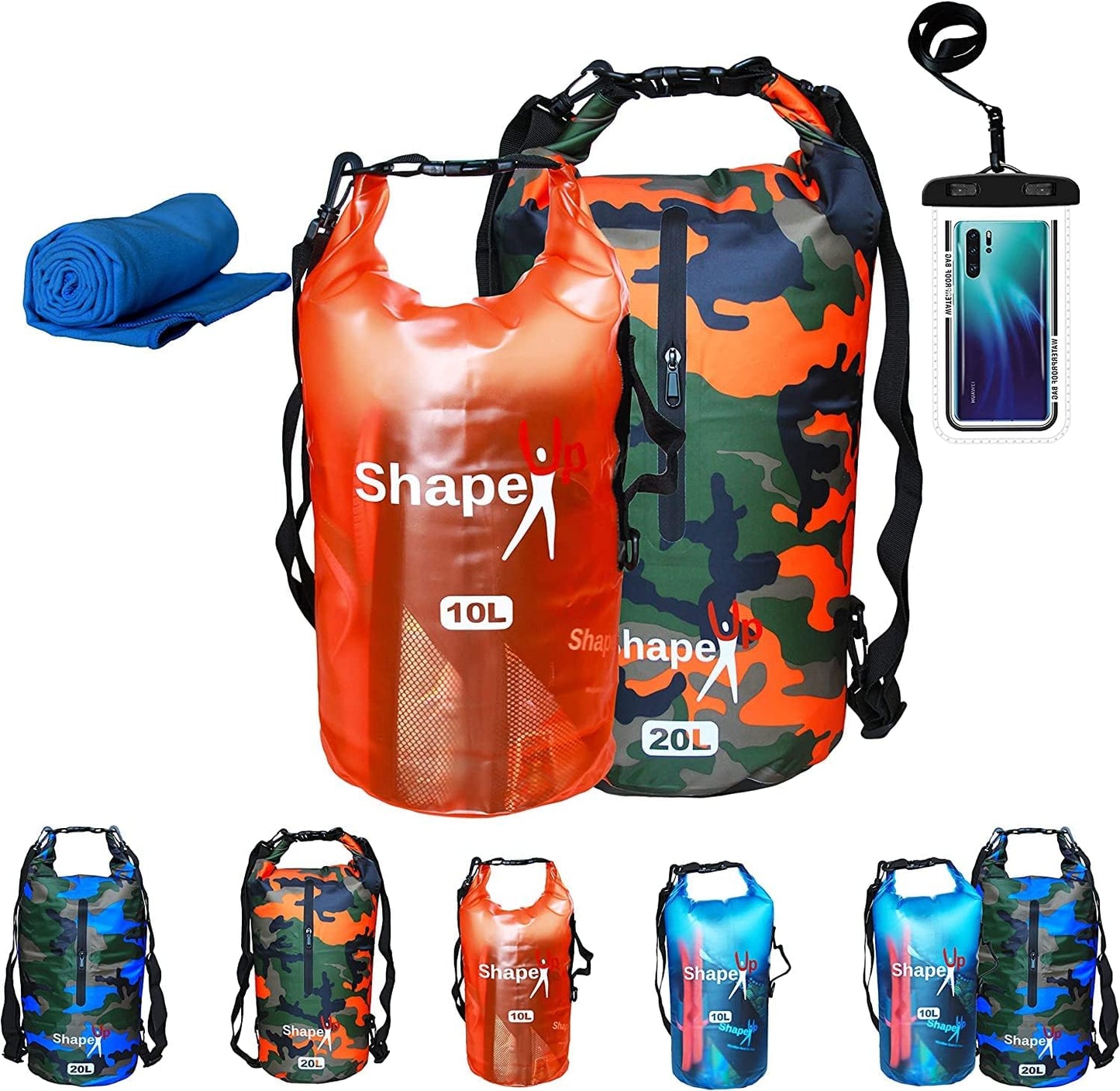 Waterproof Marine Dry Bag Backpack PVC 500 Tarpaulin 20L with pocket & 10L Shoulder Strap Roll Top Floating Dry Sack Boating Swimming with Towel & Phone Case (10, Light Blue, 1)