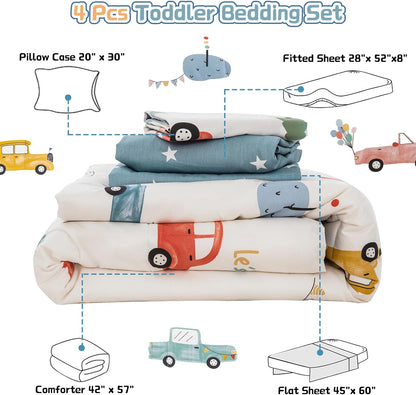 Cars Toddler Bedding Set 4 Pieces Blue Cotton Comforter Set Kids Crib Bed Set Include Flat Sheet Fitted Sheet and Pillowcase for Boys and Girls