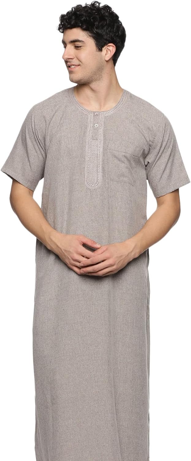 Men's Round Neck Short Sleeves Jalabiya | Breathable Kaftan Style Thobe for Comfort & Elegance