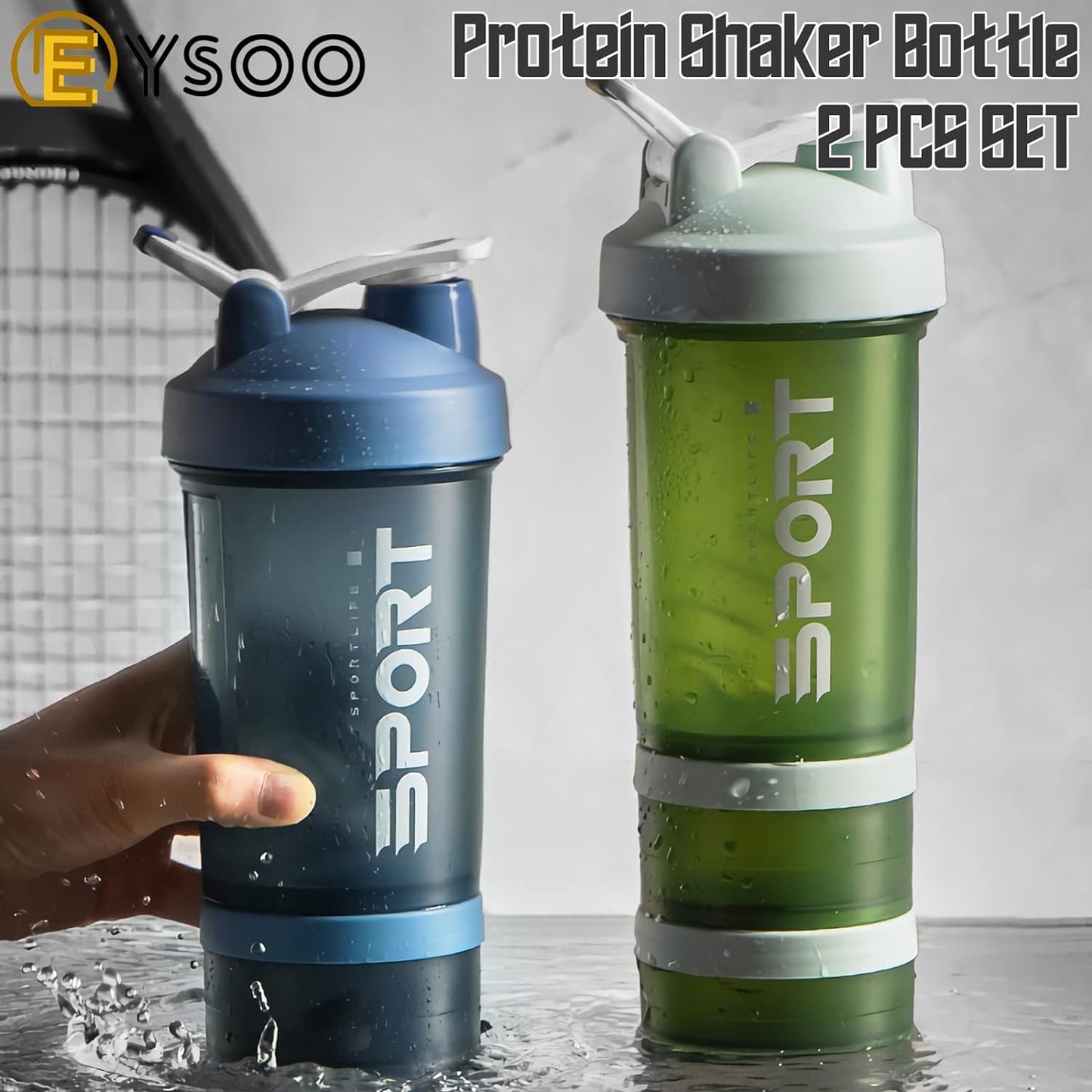 EYSOO Protein Shaker Bottle 2 Pack 500ml / 17oz Shaker Bottle for Protein Mixes Leak-proof BPA Free 3-Layer Protein Shaker with Supplement Pill Storage Container Gym Shaker Cup (Orange & Pink)