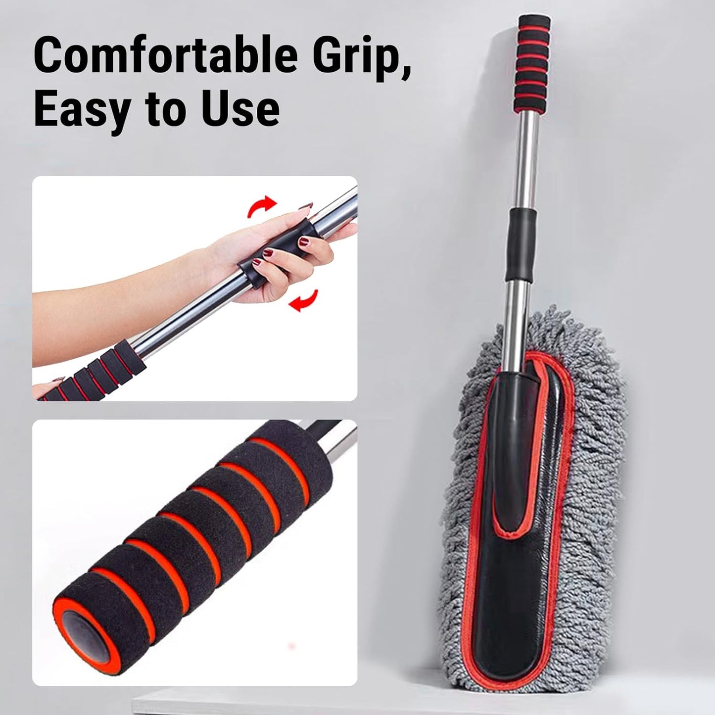 YeewayVeh Car Duster, Extendable Long Handle Car Duster Exterior Scratch Free Car Cleaning Tool, Soft Microfiber Car Dust Brush for Truck, SUV, Vehicles and Home Cleaning, Red&Gray