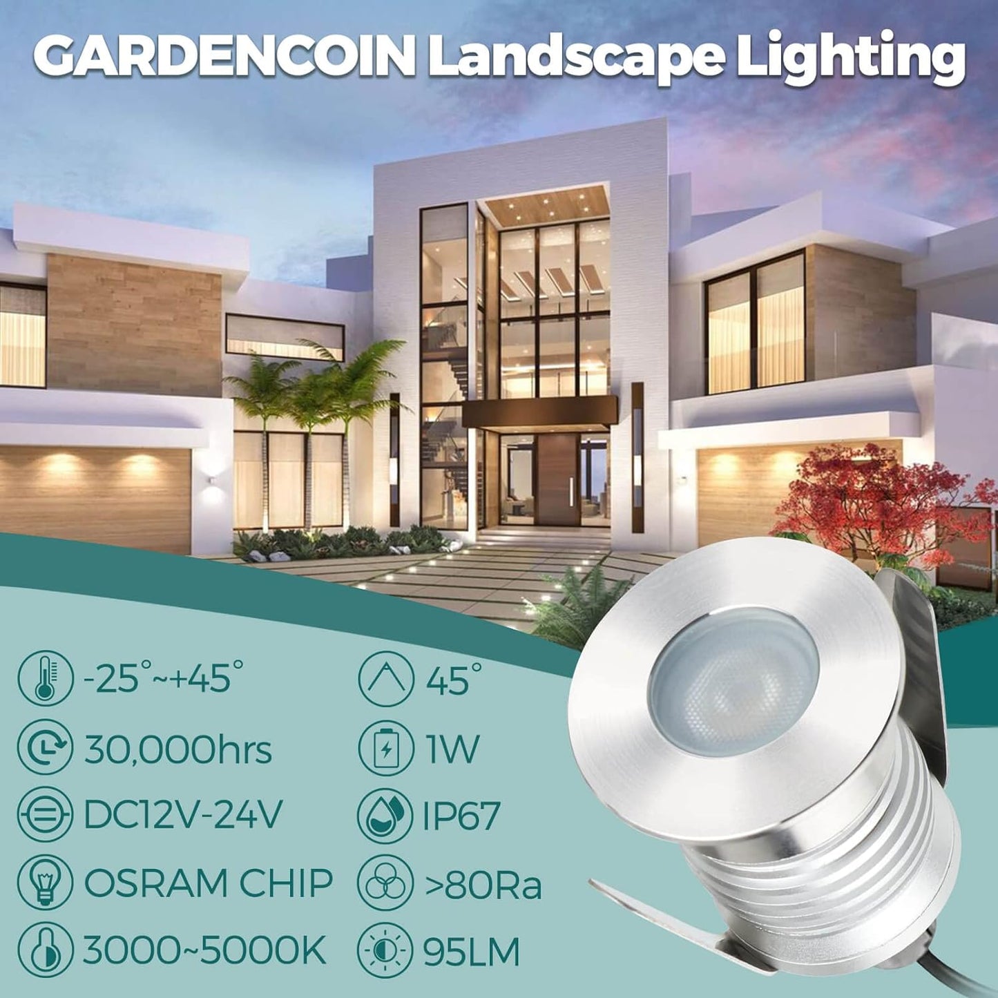 Gardencoin Outdoor Recessed LED Lights, Heavy Duty Deck Stair and Driveway Lighting, 1W 12-24V Low Voltage Landscape In Ground Well Light, Underwater Light Ultra Waterproof, Dimmable(3000K-6pack)