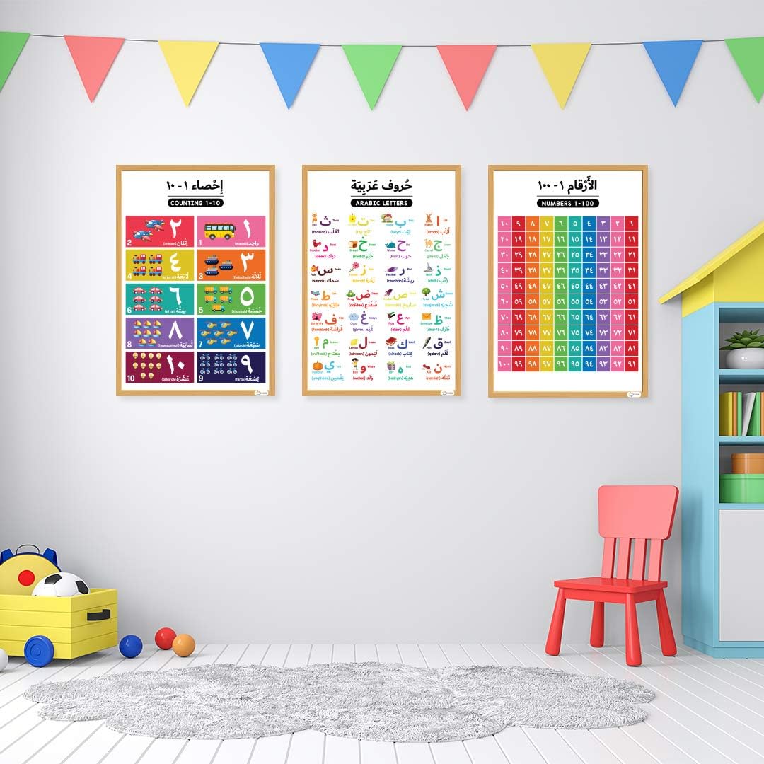 ESSEN Arabic Alphabet Educational Preschool Posters Learning Charts in Arabic For Kids Toddlers Arabic Alphabets, Numbers, Shapes, Colors, Animals, Days of Week, Fruits, Body Parts &more - Set of 12