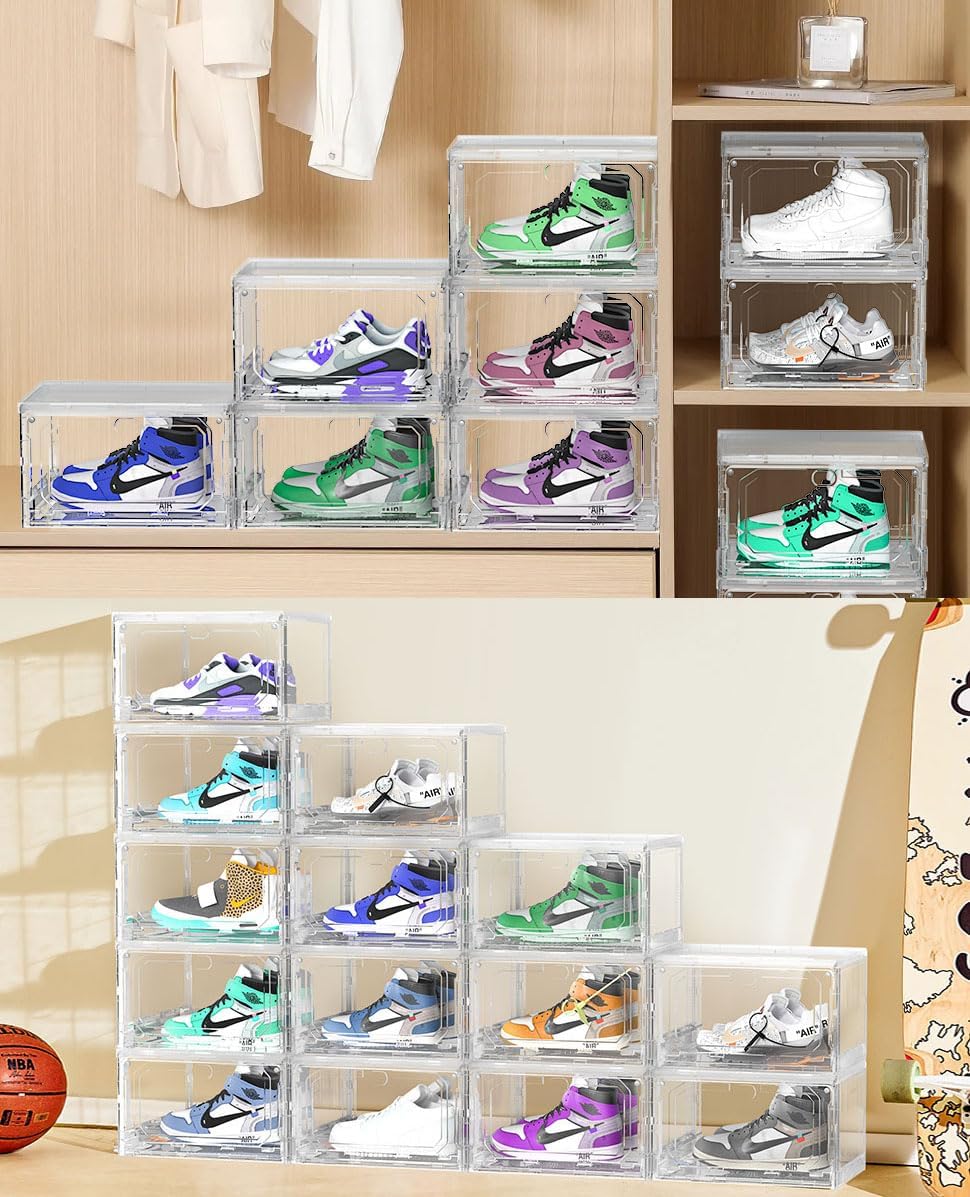 Stackable Shoe Box Large Shoe Storage Box Plastic Clear Sneaker Display Box with Magnetic Door for Shoes, Hat, Bags and Closet Organizer and Display (Grey, 10Pcs)