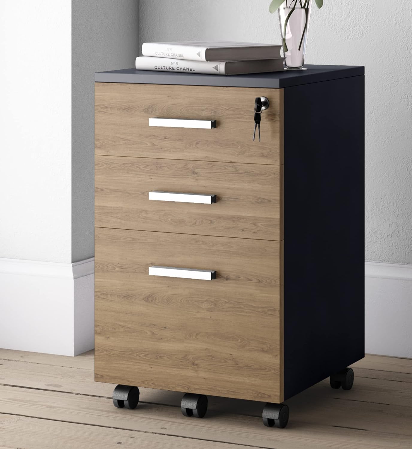 Lazio File Cabinet with Lock - Filing Cabinet for Home and Office - 3 Drawer File Cabinet with Wheels for A4 Sized Letters/Documents, Legal Sized Documents, Hanging File Folders (Cass Walnut/Black)