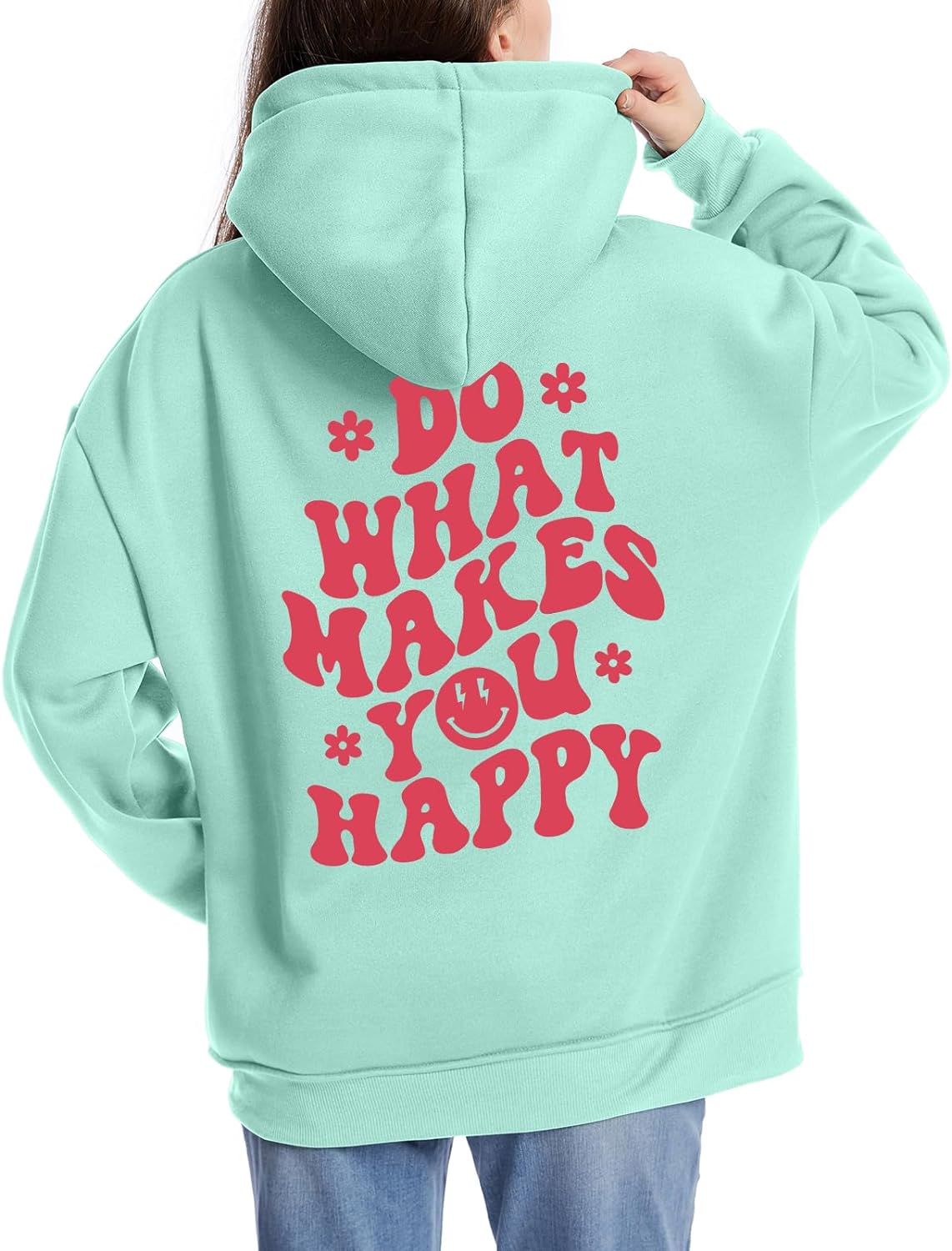 Tuislay Women Cute Graphic Oversized Hoodies Sweatshirts for Teen Girls Aesthetic Y2k Preppy Fleece Happy Hooded Pullover