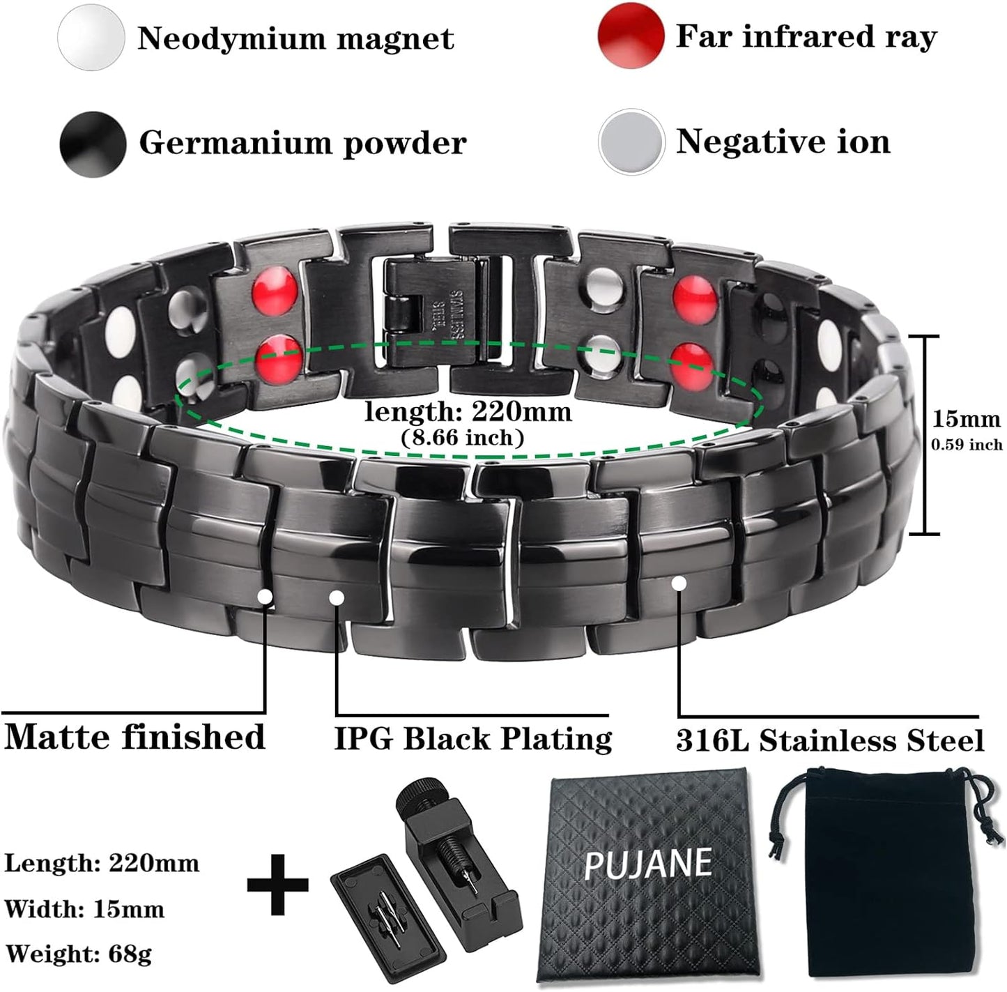 PUJANE Mens Magnetic Bracelet, 99.99% Solid Copper Double Row 46 Piece Magnets Energy Bracelets, Ultra Strength 3500 Gauss Magnetic Jewelry Gift with Adjustment Tool (Black)