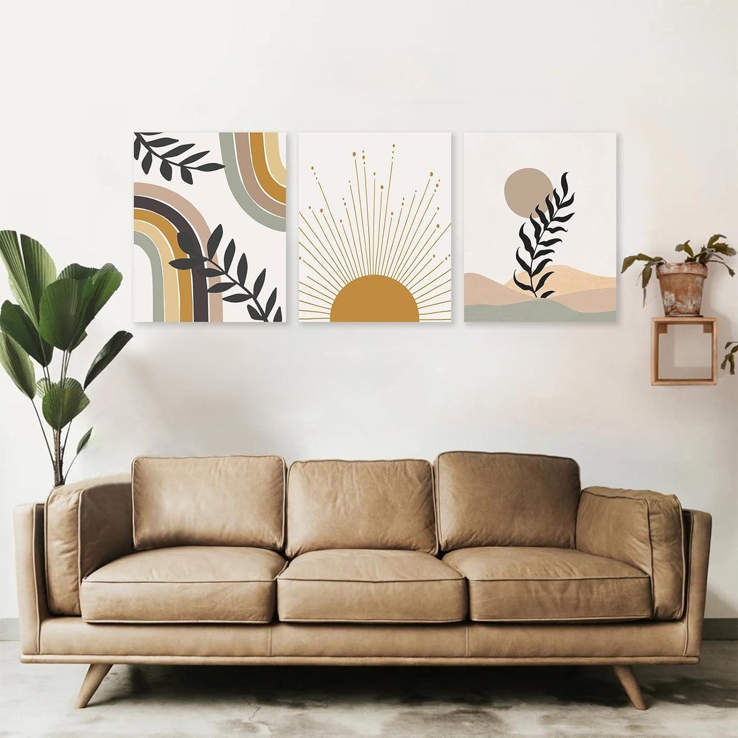 KBKBART Sage Green Boho Wall Art Set of 3, Minimalist Framed Geometric Line Leaf Sun Moon Beige Canvas Artwork Paintings, Abstract Botanical Room Decor, Posters & Prints