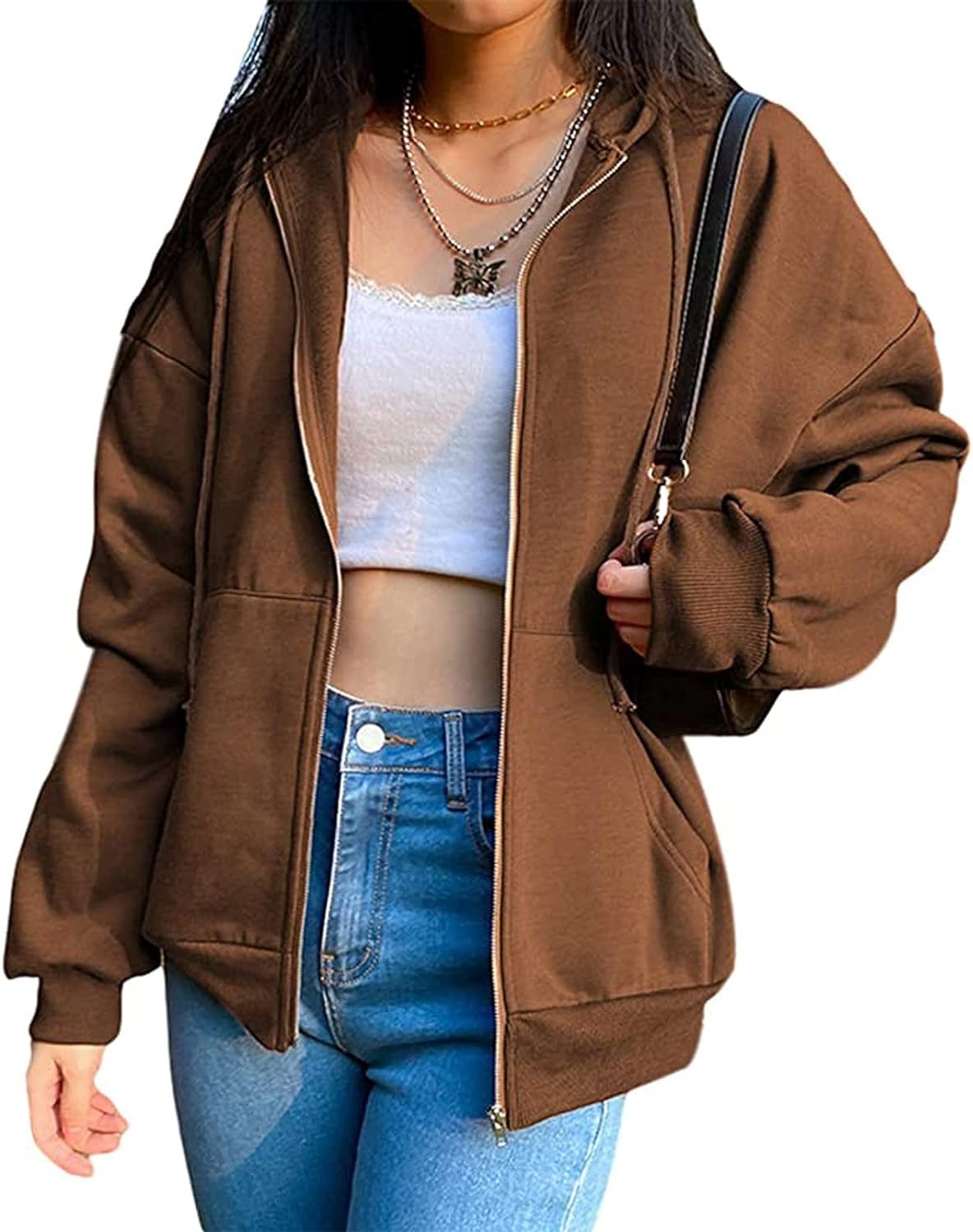 Women's Y2K Sweatshirt Oversized Zip Up Hoodies E-Girl Years Years Streetwear Jacket (Color : Brown, Size : Medium)