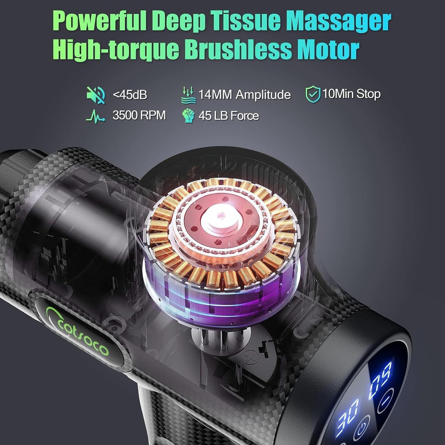 Cotsoco Massage Gun for Athletes,30 Speeds Professional Deep Tissue Massage Gun for Pain Relief,Super Quiet Percussion Muscle Massager with 10 Massage Heads(Carbon)