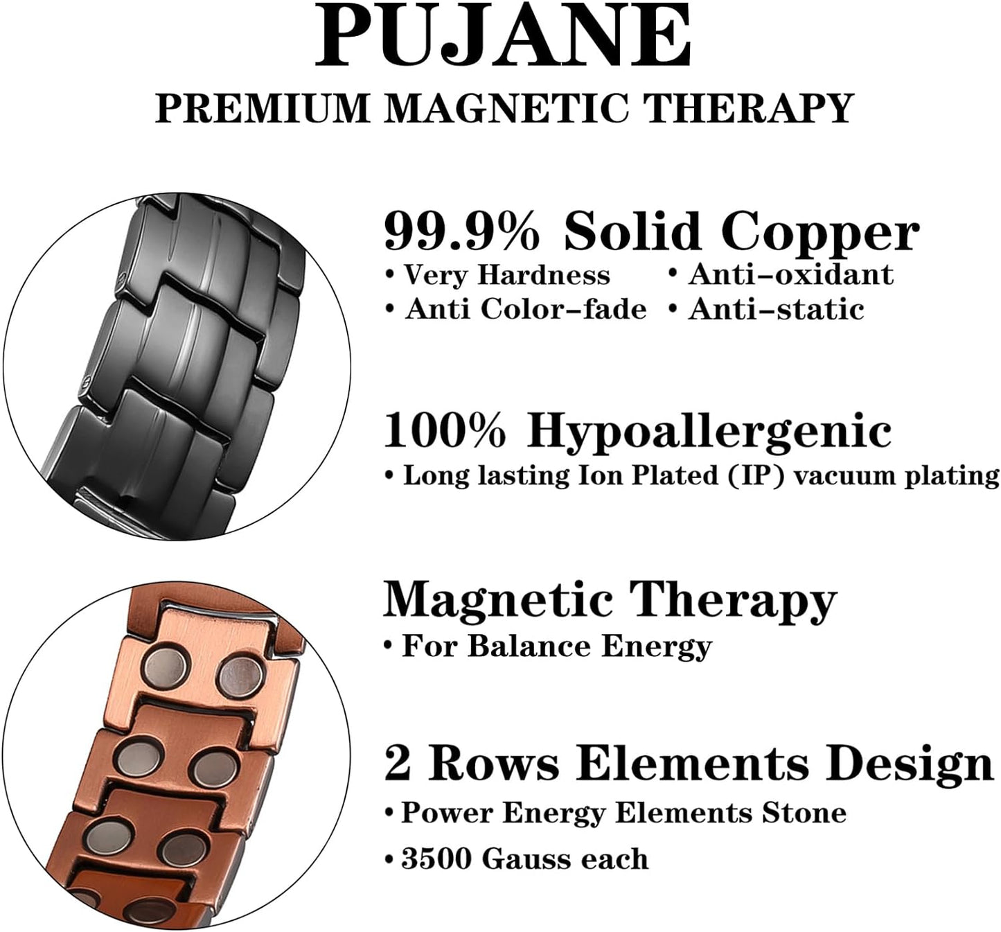 PUJANE Mens Magnetic Bracelet, 99.99% Solid Copper Double Row 46 Piece Magnets Energy Bracelets, Ultra Strength 3500 Gauss Magnetic Jewelry Gift with Adjustment Tool (Black)