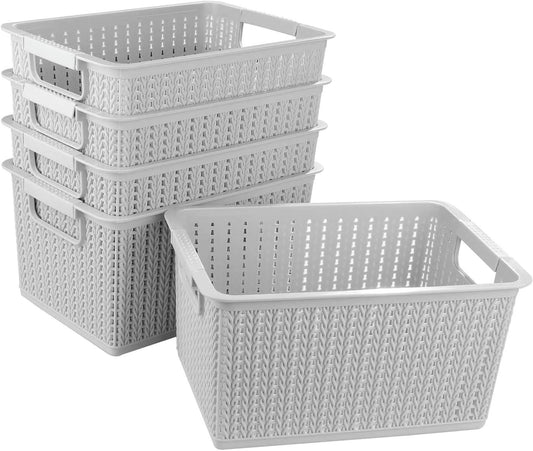 SENENQU 5PCS Plastic Storage Baskets, Small Woven Organizer Bin with Handles for Bathroom, Cosmetics, Health, Hair Supplies, Beauty Products and Kitchen (Grey, 10.6"x7.5"x5.5")