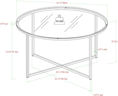 Eden Bridge Designs 91cm Round Mid Century Modern Coffee Table with X-Base for Living Room/Office decoration, Metal, Glass/Gold/Faux Marble