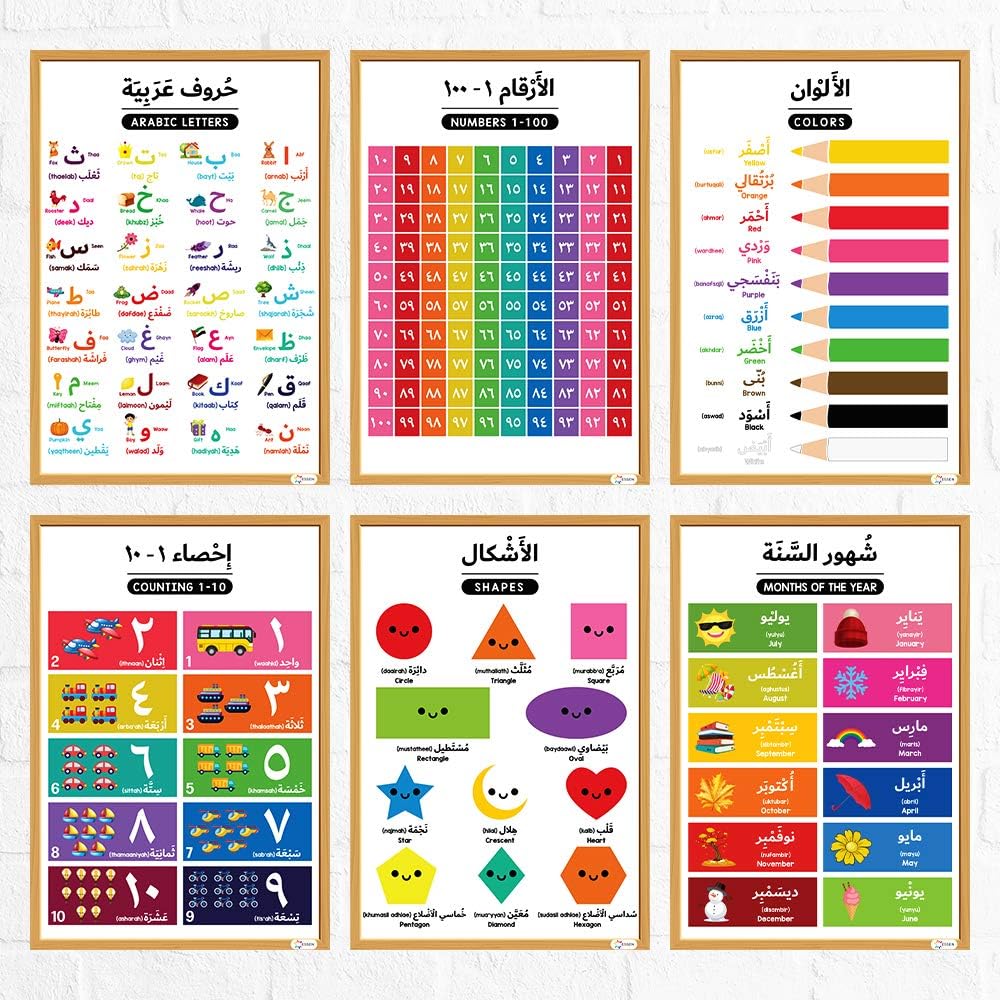 ESSEN Arabic Alphabet Educational Preschool Posters Learning Charts in Arabic For Kids Toddlers Arabic Alphabets, Numbers, Shapes, Colors, Animals, Days of Week, Fruits, Body Parts &more - Set of 12