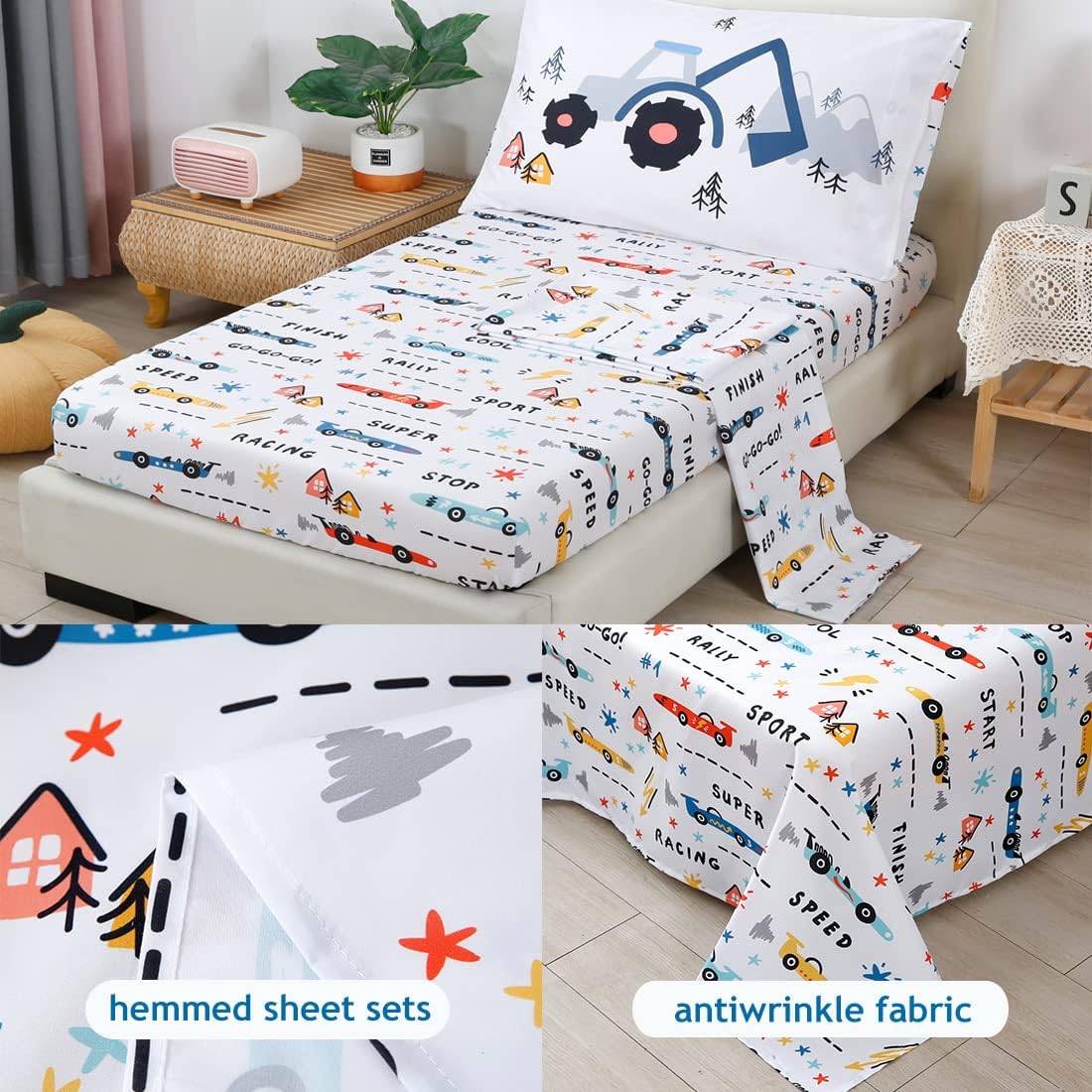 PERFEMET Toddler Bedding Kids 4 Pieces Bed in A Bag for Boys Cars Printed Microfiber Toddler Comforter Sets with Standard Pillow Case Modern Bedroom Collection, White