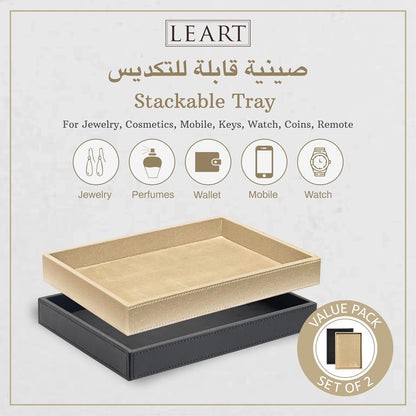 LEART Valet Tray for Men & Women – Leather Tray Organizer | Bedside, Nightstand, Office Desk Organizer Tray | Catchall Tray (Black)