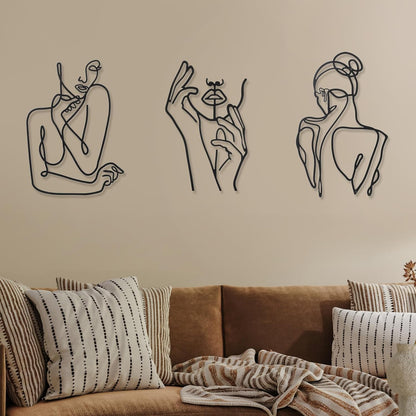 3 Pcs Metal Wall Art Decor Minimalist Abstract Woman Wall Art metal Modern Line Drawing Wall Art Decor Female Single Line Wall Home Hanging for Bedroom Kitchen Bathroom Living Room(Black, Modern)