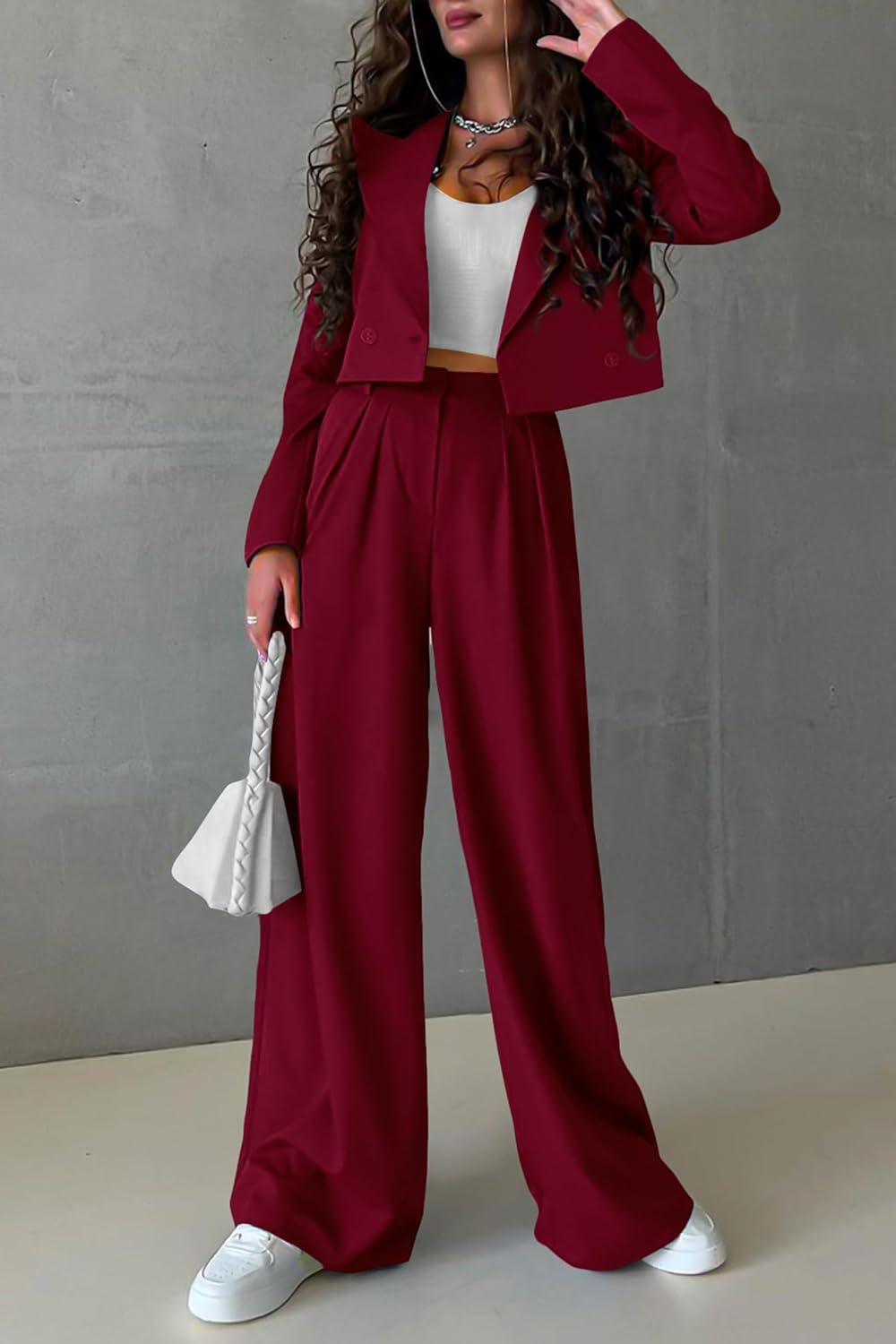 PRETTYGARDEN Women's 2 Piece Casual Outfits Cropped Blazer Jackets High Waisted Wide Leg Work Pants Suit Set