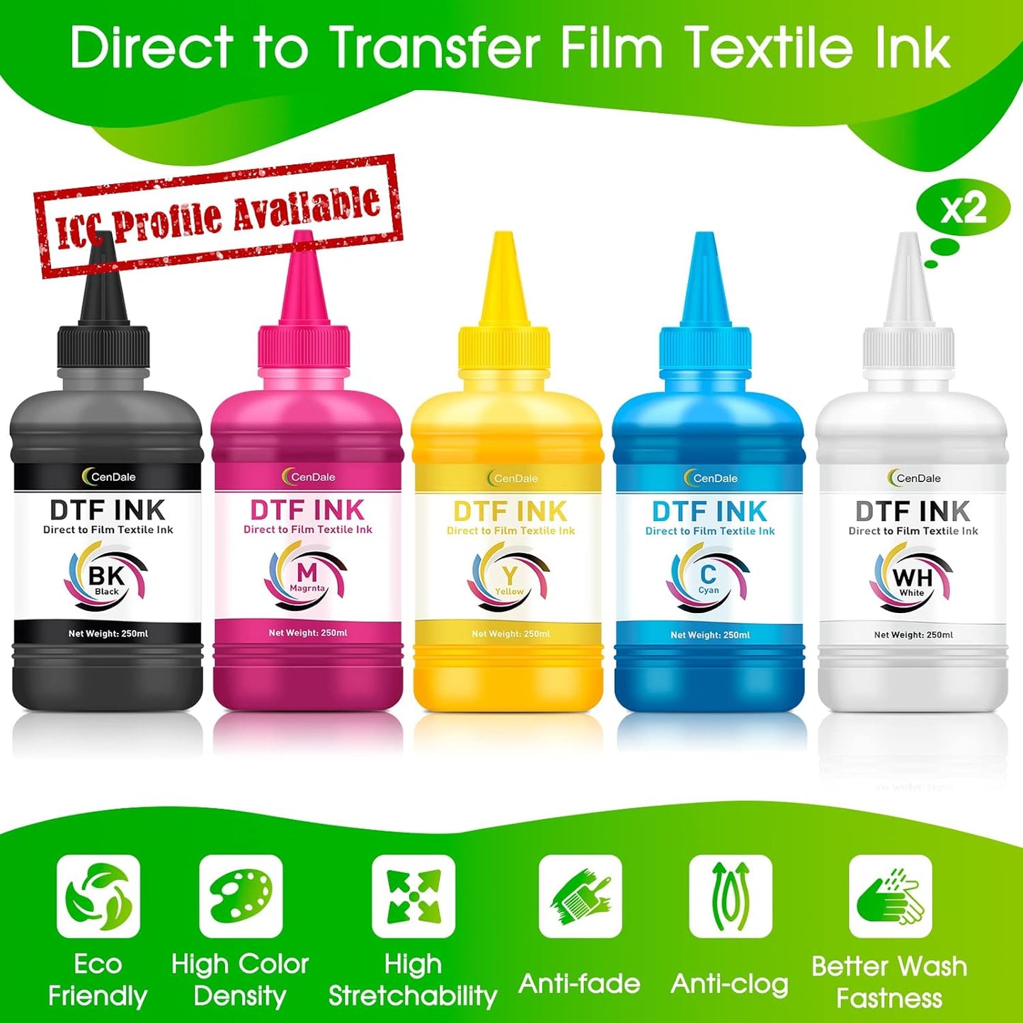 CenDale Premium DTF Ink 600ML- DTF Transfer Ink for PET Film, Refill for DTF Printers Epson ET-8550, XP-15000, L1800, L805, R1390, R2400, Heat Transfer Printing Direct to Film (100ml x 6, CMYK Wh)