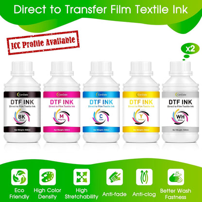 CenDale Premium DTF Ink 600ML- DTF Transfer Ink for PET Film, Refill for DTF Printers Epson ET-8550, XP-15000, L1800, L805, R1390, R2400, Heat Transfer Printing Direct to Film (100ml x 6, CMYK Wh)