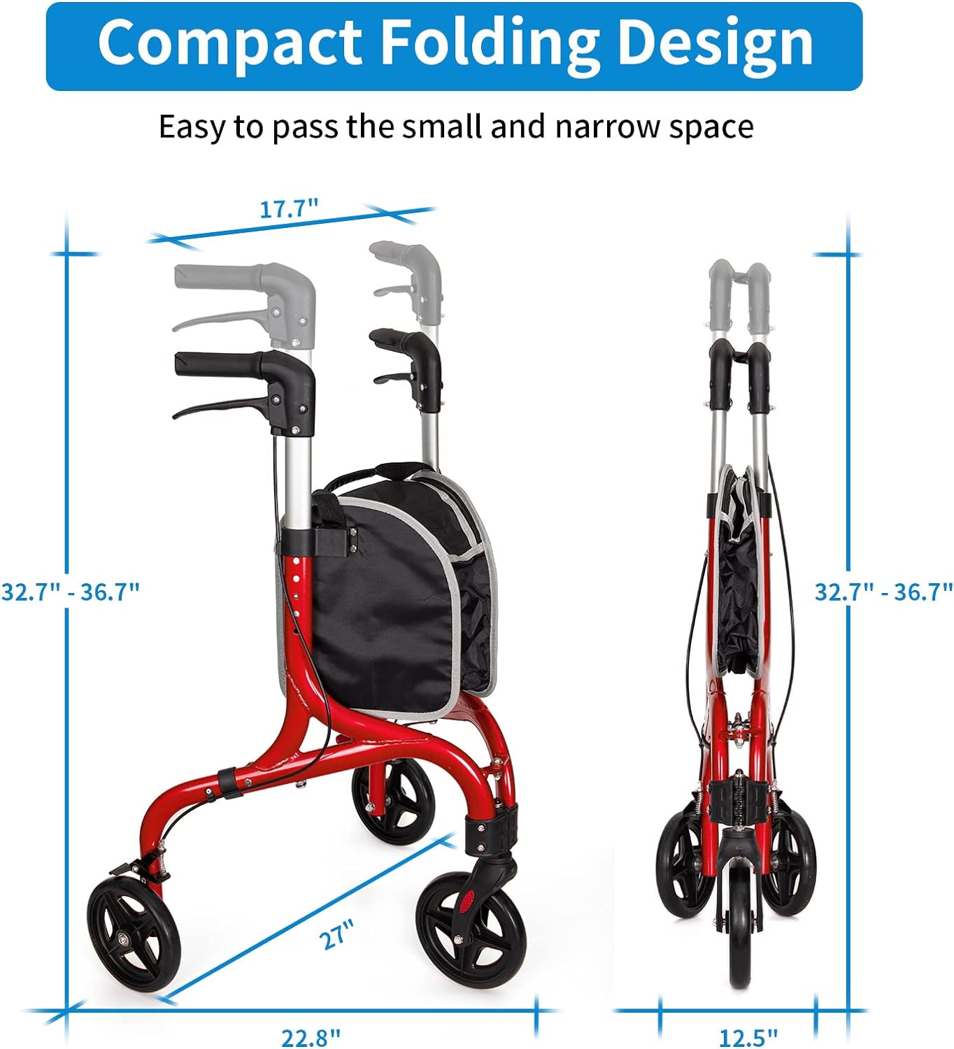 Planetwalk Premium 3 Wheel Rollator Walker for Seniors - Ultra Lightweight Foldable Walker for Elderly, Aluminum Three Wheel Mobility Aid, Black