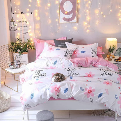 Golden Home King Size/Single Size Bedsheet duvet cover pillow case 6pcs One Set High Cotton Quality Bedding Set Kids' Duvet Covers (Blue＆Pink, Single Size)