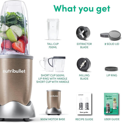 NutriBullet 900 Watts, 9 Piece Set, Multi-Function High Speed Blender, Mixer System with Nutrient Extractor, Smoothie Maker, Copper Gold , NB-201 , "2 year Warranty"